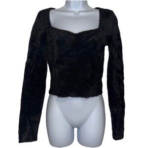 Aritzia Sunday Best Medium Elsie Long Sleeve Sweater Crop Top Women Black Fuzzy